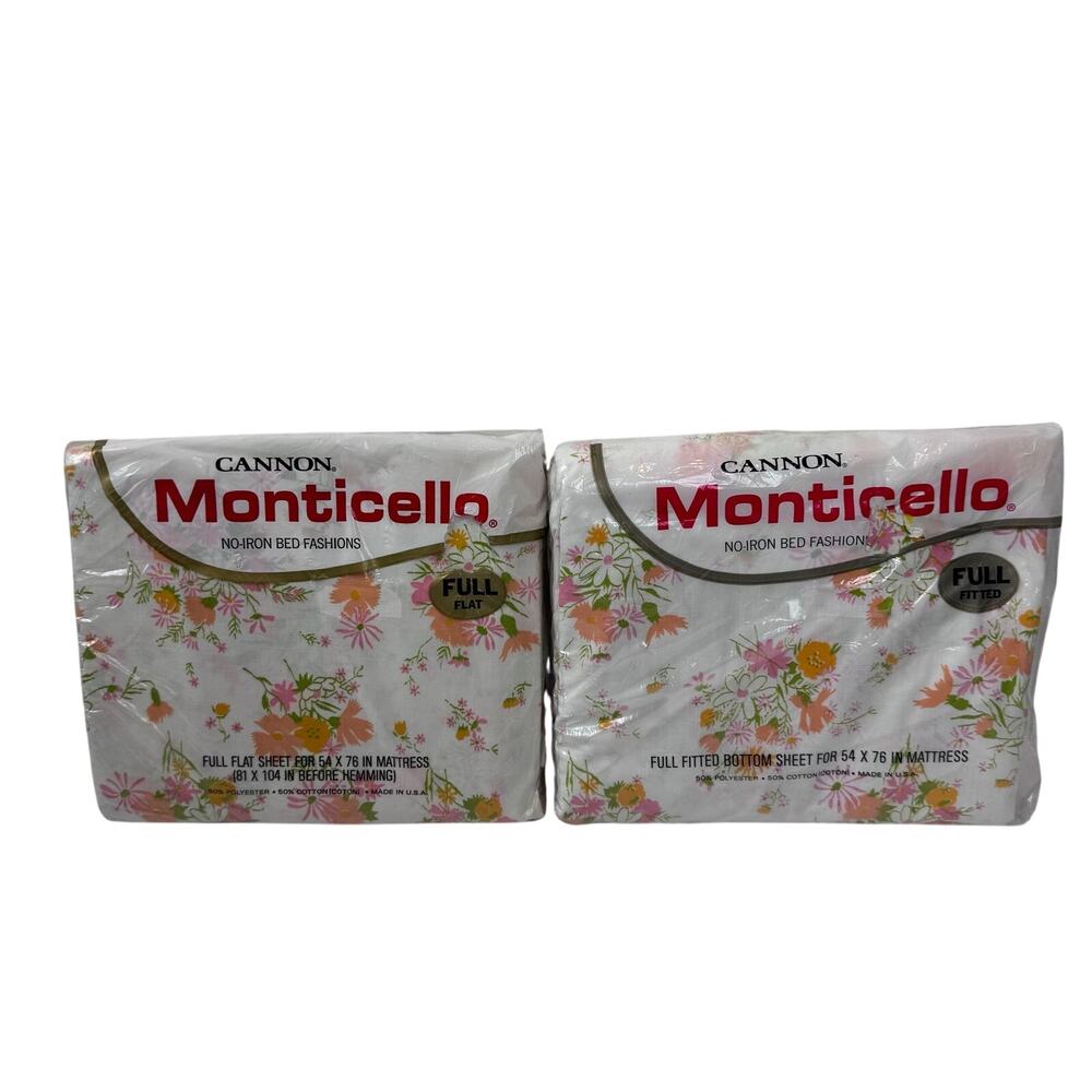 Vintage Cannon Monticello Floral Full Size Sheets Flat And Fitted Sheet 54 X 76